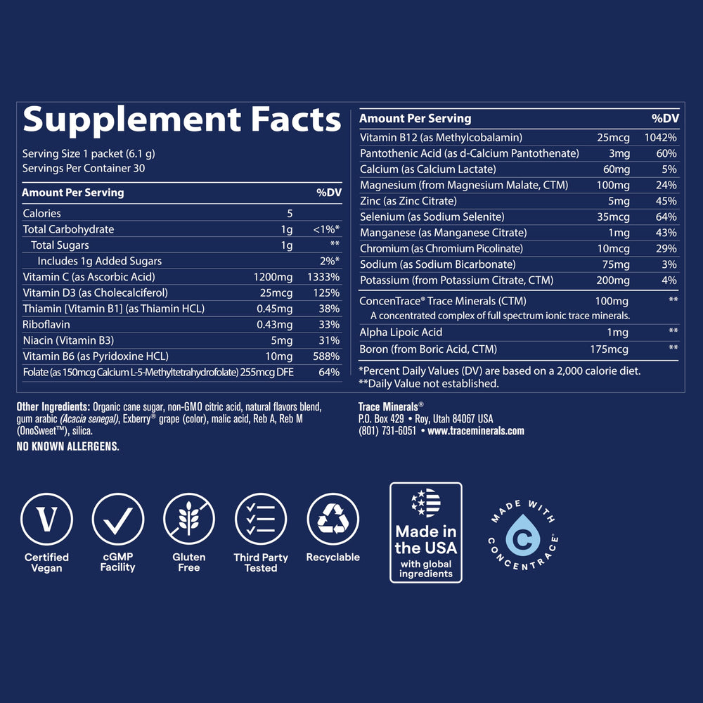 Trace Minerals Berry Power Pak packaging notes USA-sourced minerals and sustainable harvesting