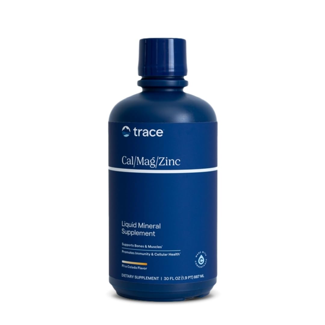 Trace Minerals Cal/Mag/Zinc bottle being poured for daily mineral support.