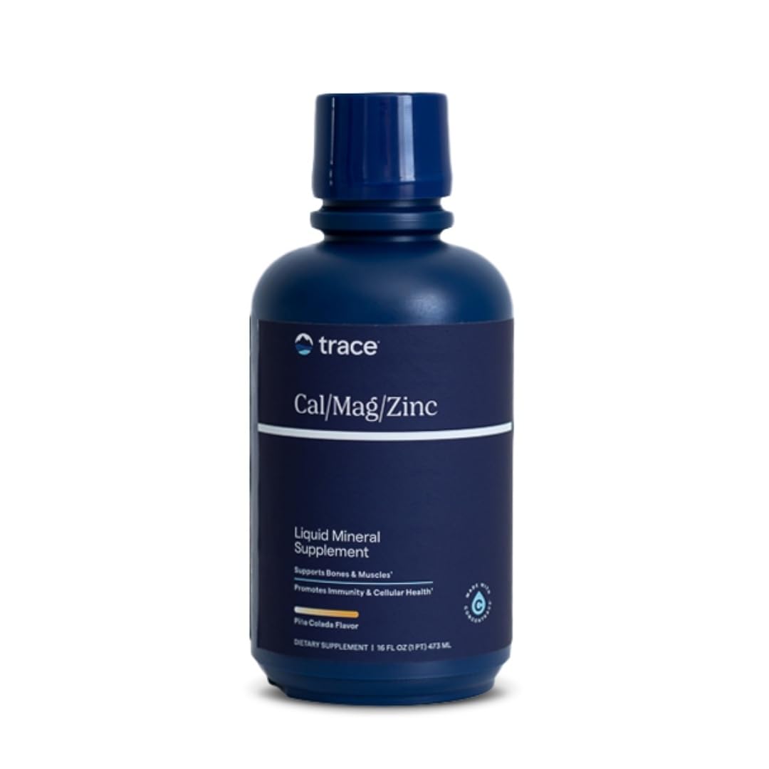 Trace Minerals Cal/Mag/Zinc bottle pour shows easy daily dose for bone and muscle support.