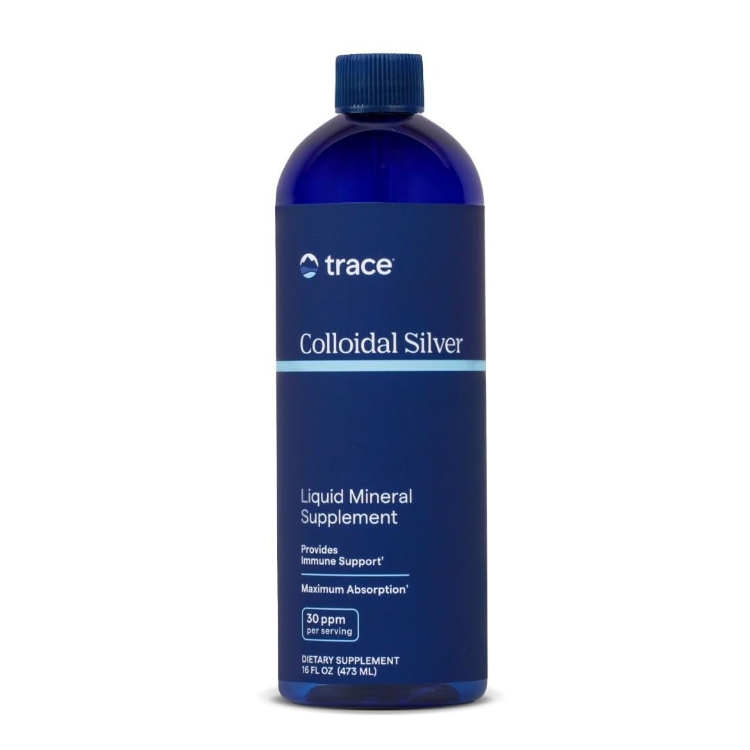 Trace Minerals Colloidal Silver bottle shown, highlighting high-potency drops for daily wellness