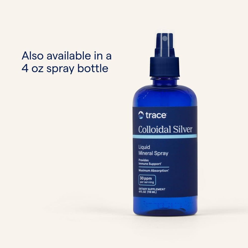 Trace Minerals Colloidal Silver gluten-free vegan badge signals dietary compatibility.
