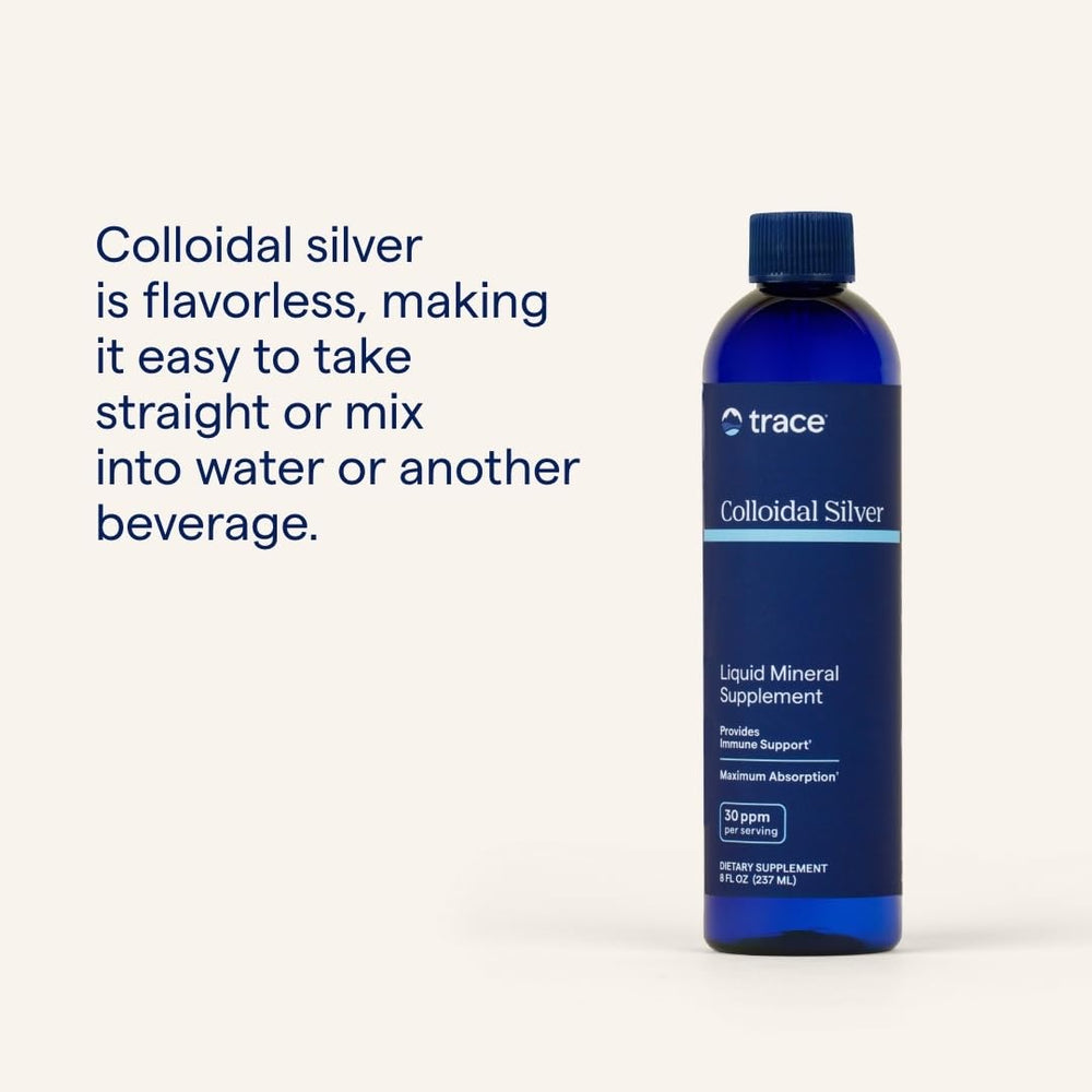 Trace Minerals Colloidal Silver dropper and spoon show high-potency formula in use.