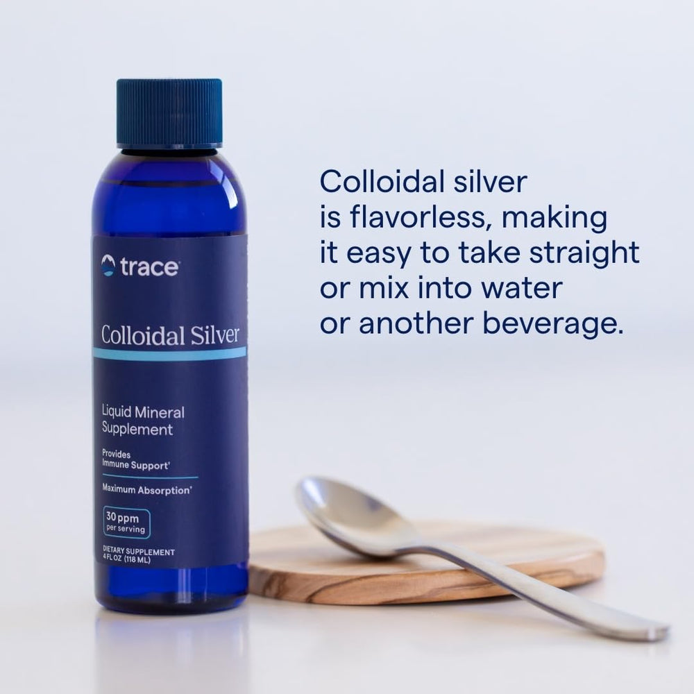 Trace Minerals Colloidal Silver label closeup highlights product details.
