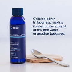 Trace Minerals Colloidal Silver label closeup highlights product details.