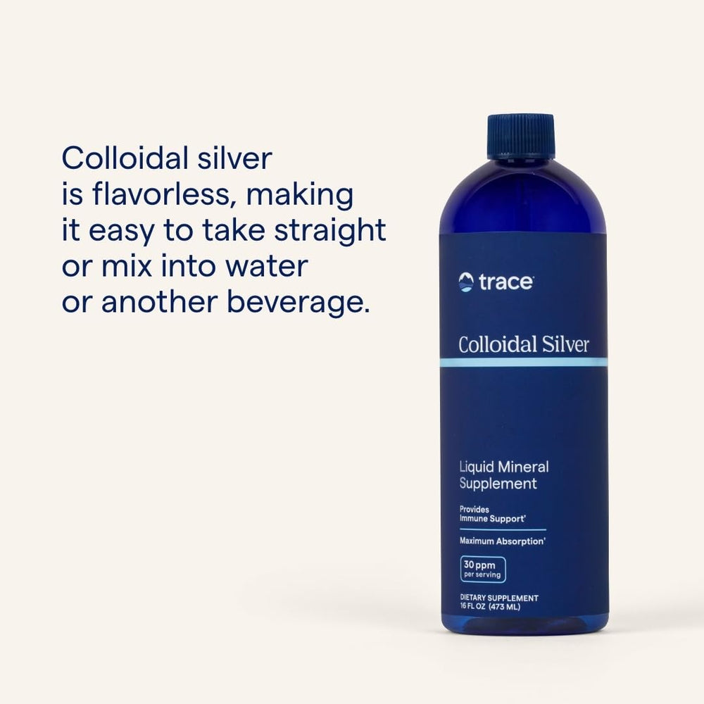 Trace Minerals Colloidal Silver label close-up, emphasizing gluten-free and vegan formulation