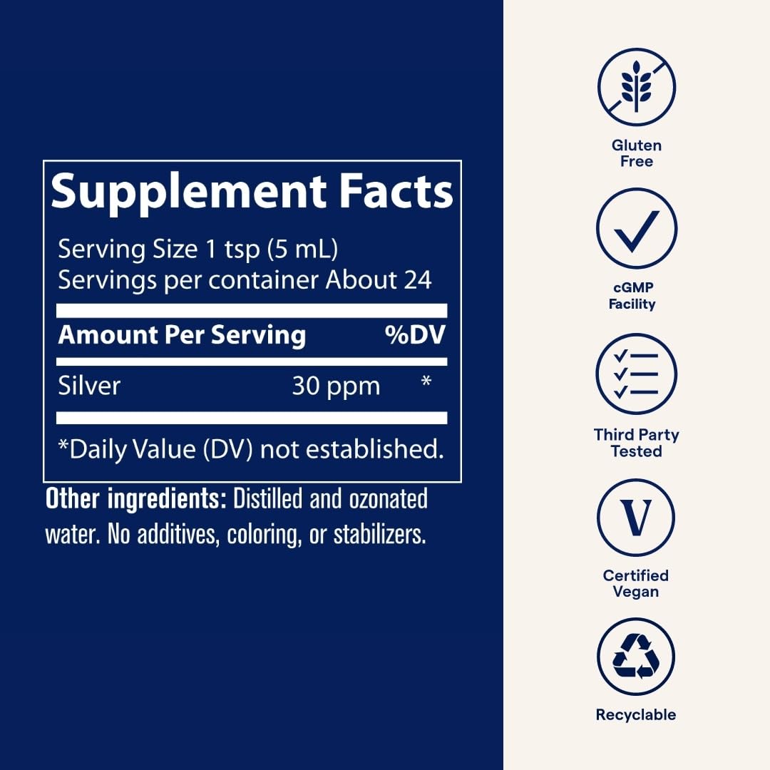Trace Minerals Colloidal Silver packaging image underscores convenient 4 oz size.