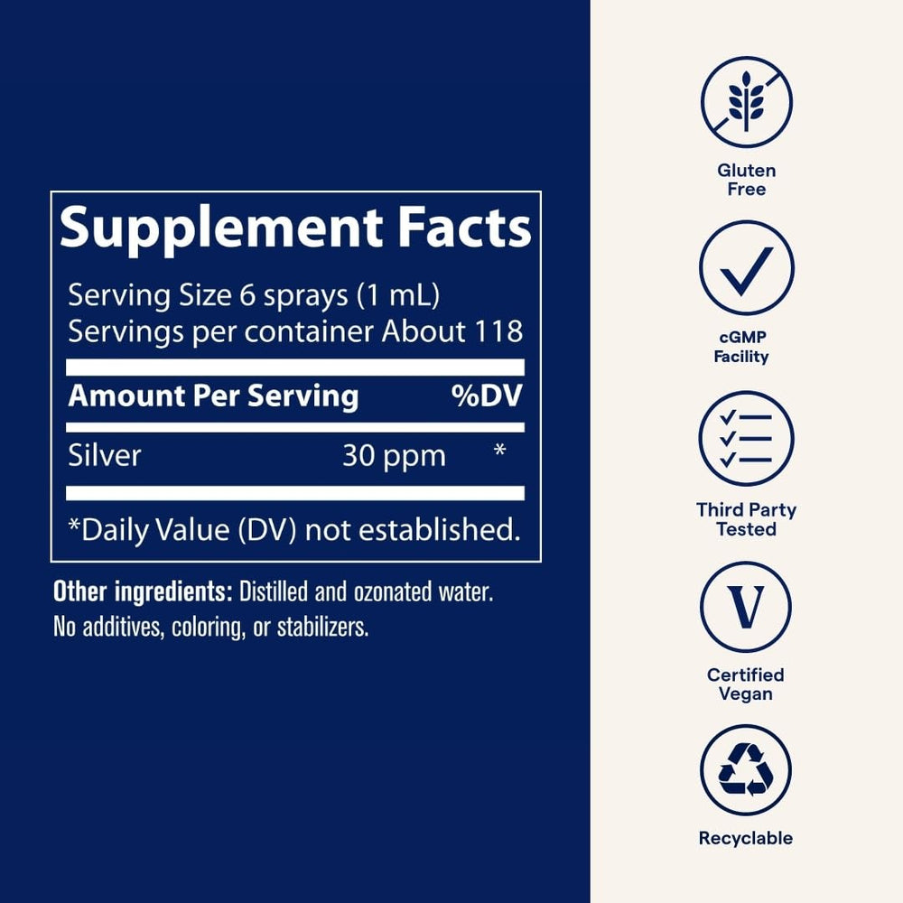 Trace Minerals Colloidal Silver Spray vegan and gluten-free certification icons