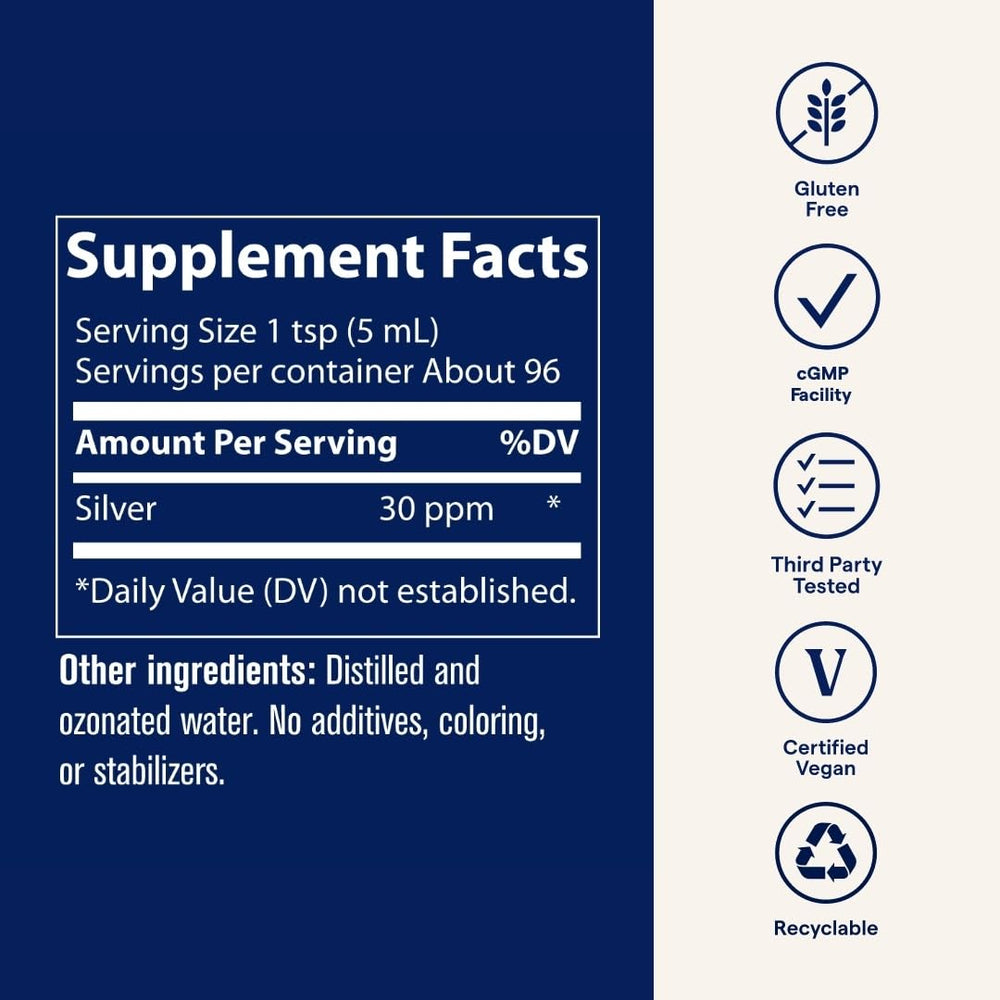 Trace Minerals Colloidal Silver with vegan-gluten-free icons signaling dietary-friendly mineral drops
