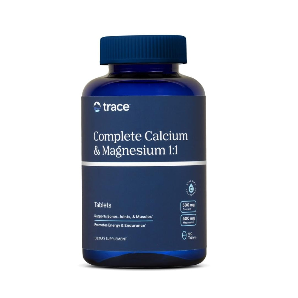 Trace Minerals Complete Calcium & Magnesium tablets on bottle for bone vitality.