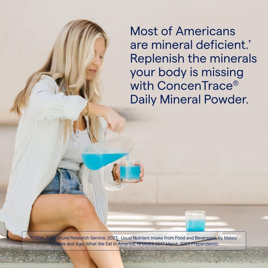 Trace Minerals ConcenTrace powder scoop beside bottle for easy dosing and remineralization.