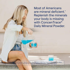 Trace Minerals ConcenTrace powder scoop beside bottle for easy dosing and remineralization.