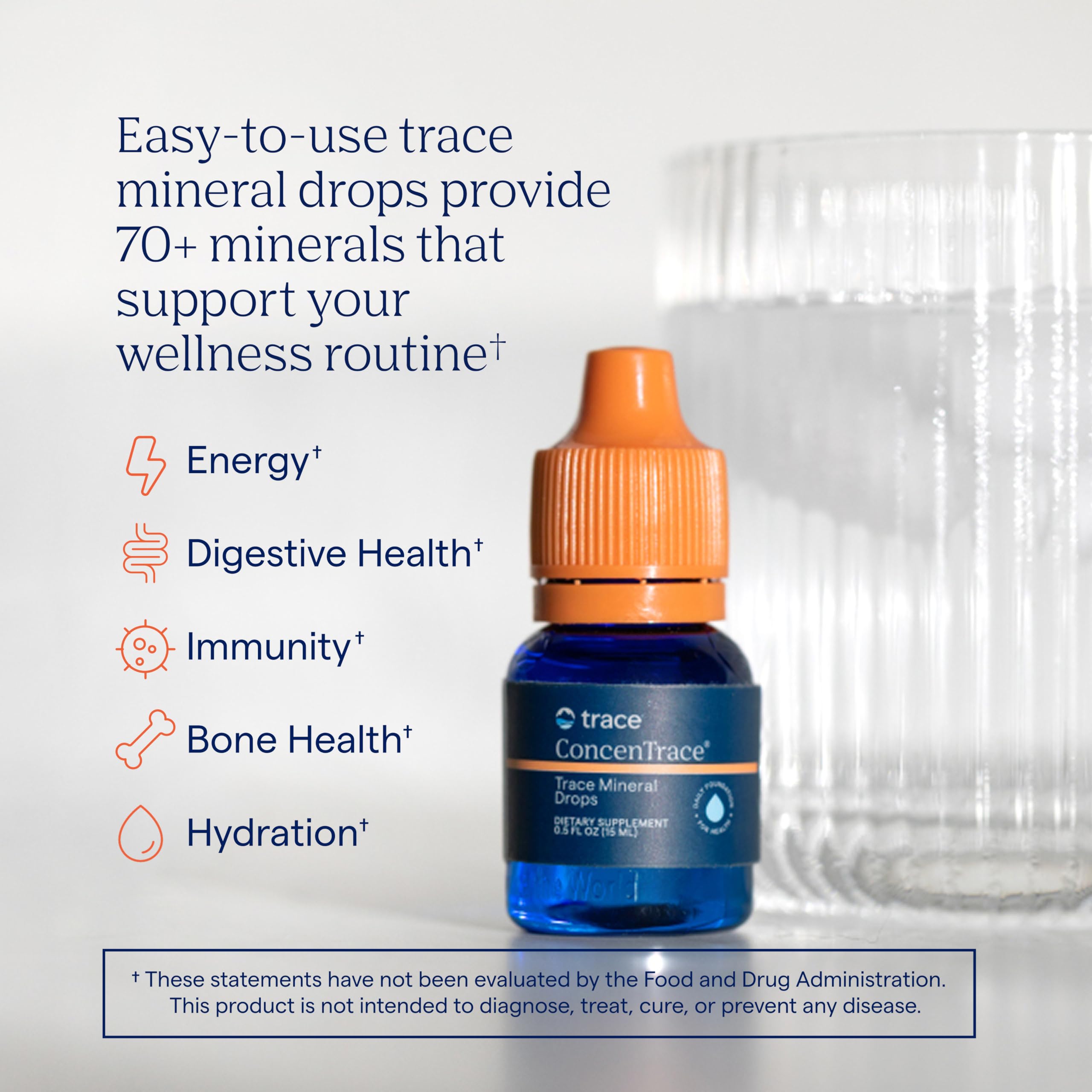 Trace Minerals ConcenTrace drops poured into water highlights easy remineralization for hydration