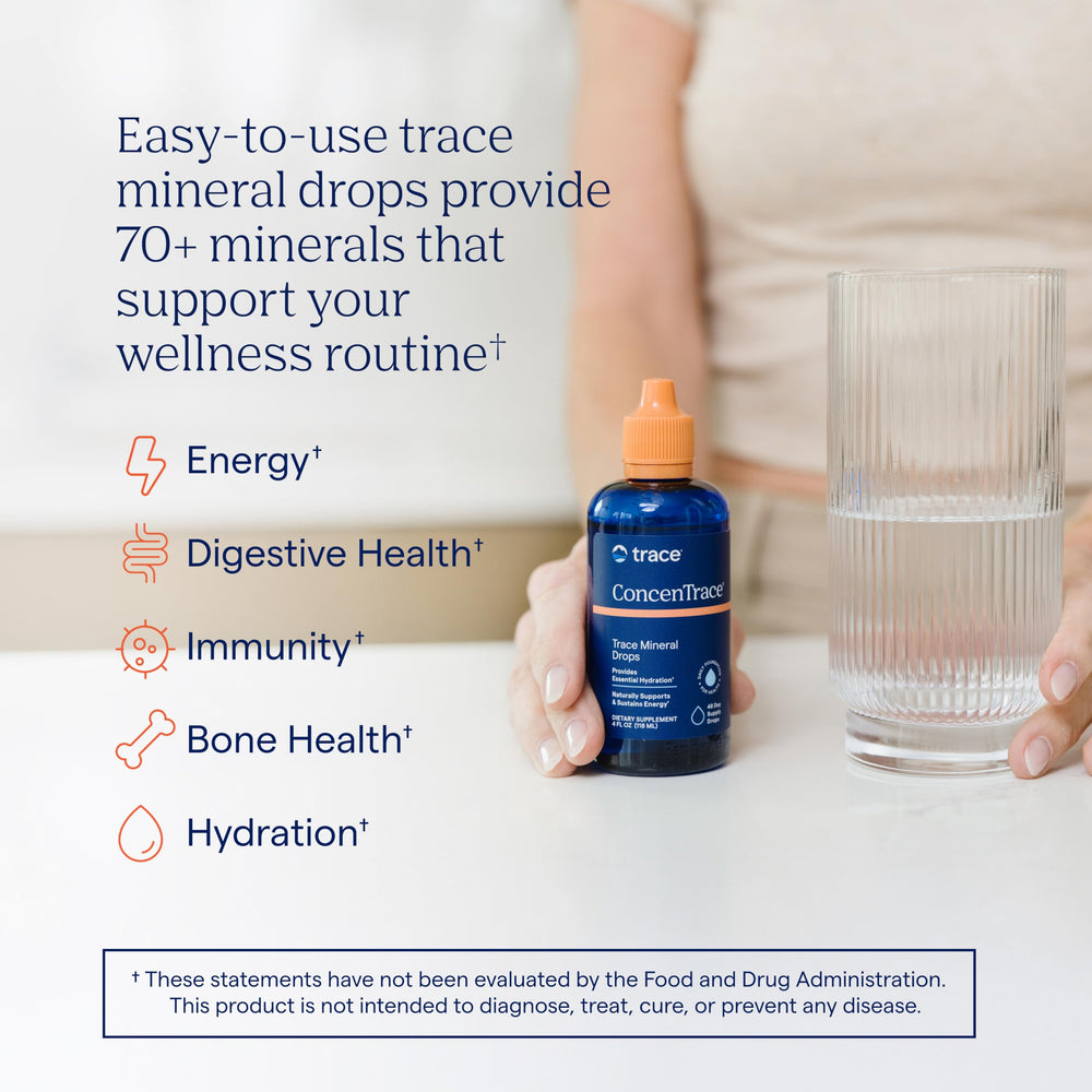 Trace Minerals ConcenTrace drops pouring into glass for easy remineralization