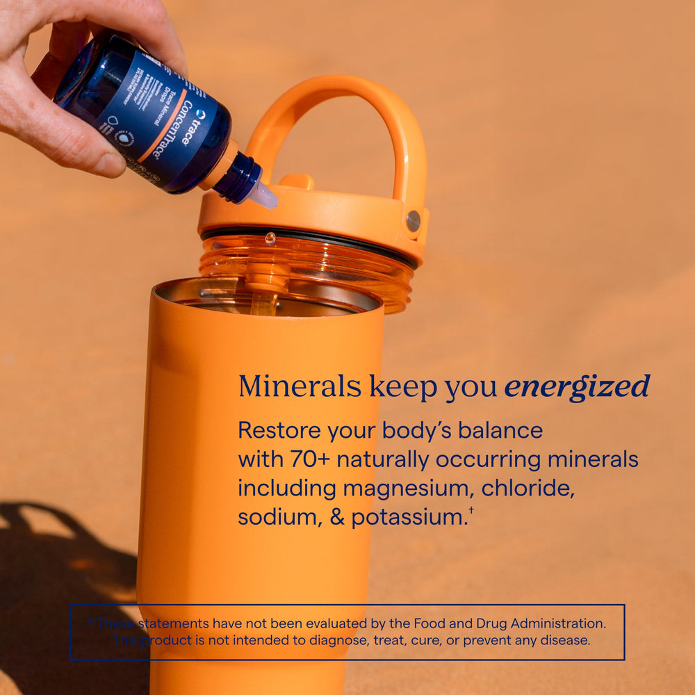 ConcenTrace bottle on kitchen counter near glass.