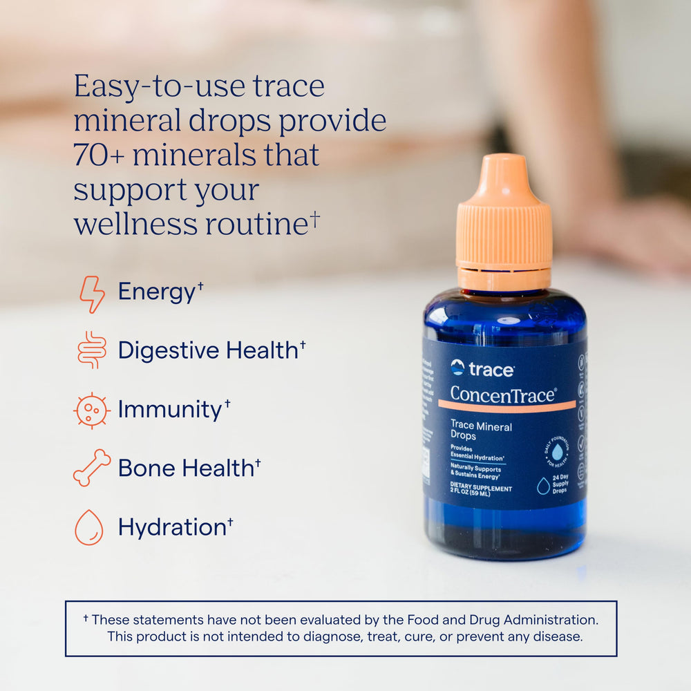 Trace Minerals ConcenTrace bottle label highlights 70+ trace minerals.