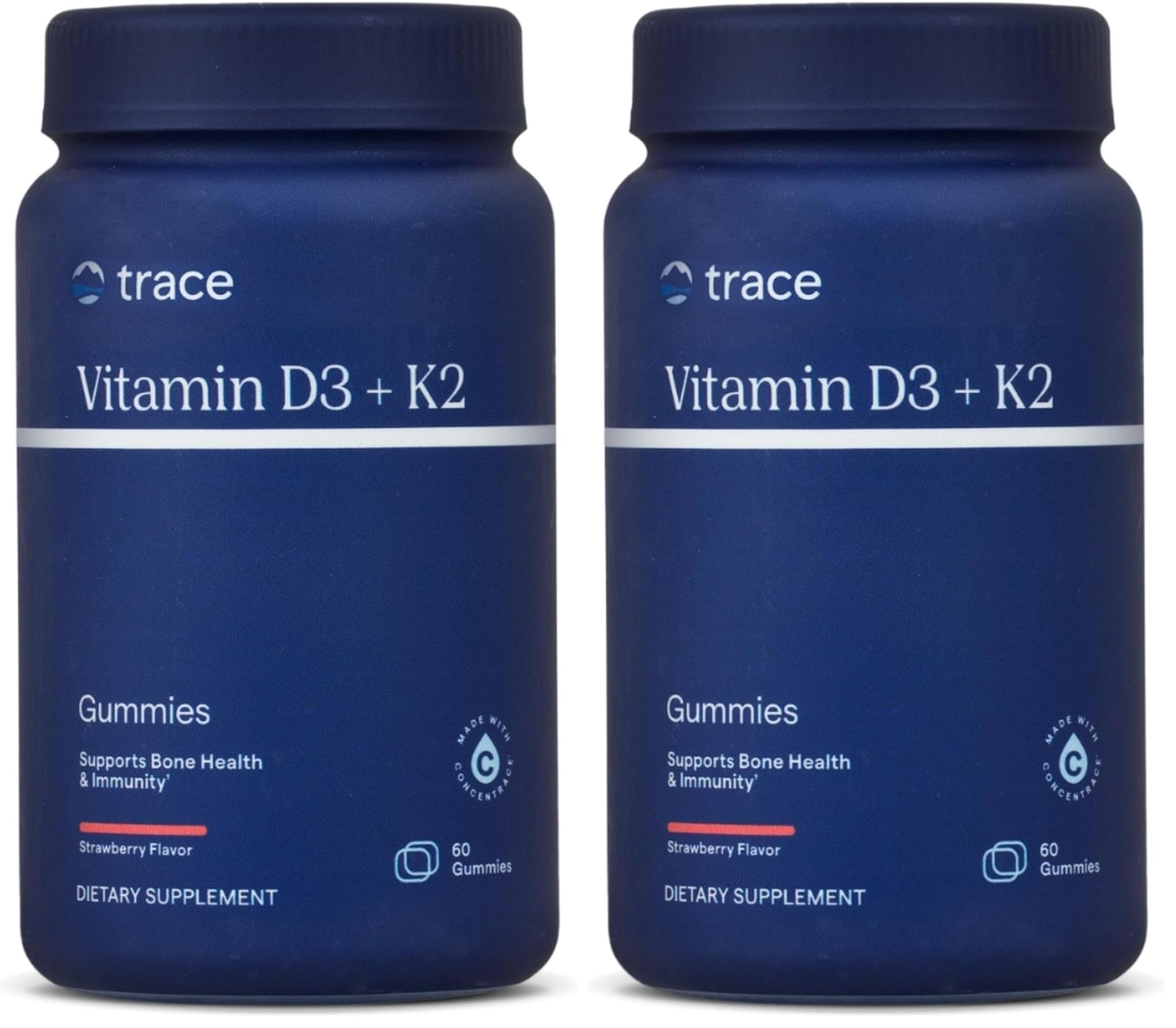 Trace Minerals D3 and K2 gummies bottle shows vegan, sugar-free bone support in strawberry flavor