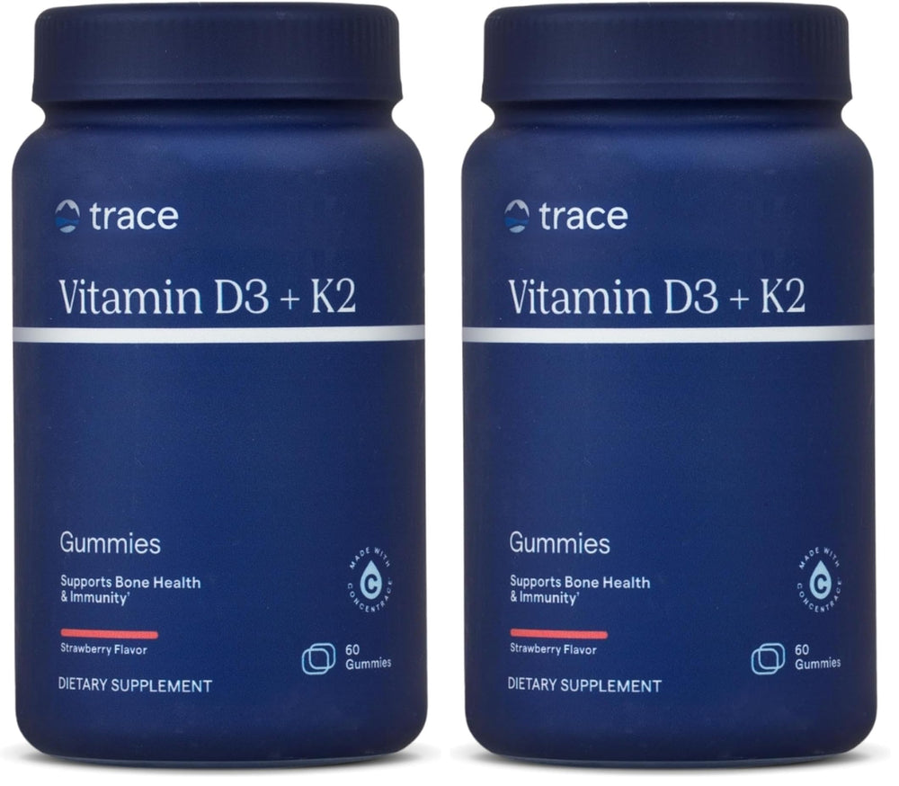 Trace Minerals D3 and K2 gummies bottle shows vegan, sugar-free bone support in strawberry flavor