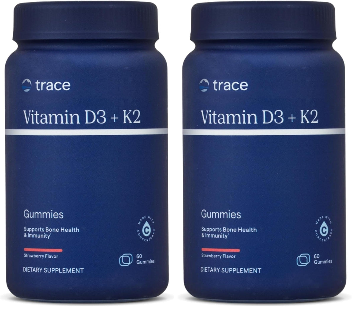 Trace Minerals D3 and K2 gummies bottle shows vegan, sugar-free bone support in strawberry flavor
