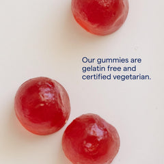 Gummy with vegan icon communicates plant-based formulation suitable for many diets