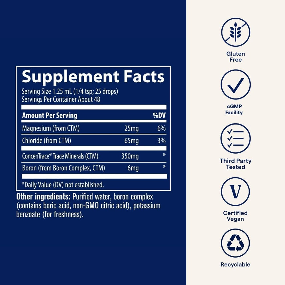 Trace Minerals Ionic Boron packaging emphasizes sustainable sourcing from Great Salt Lake.