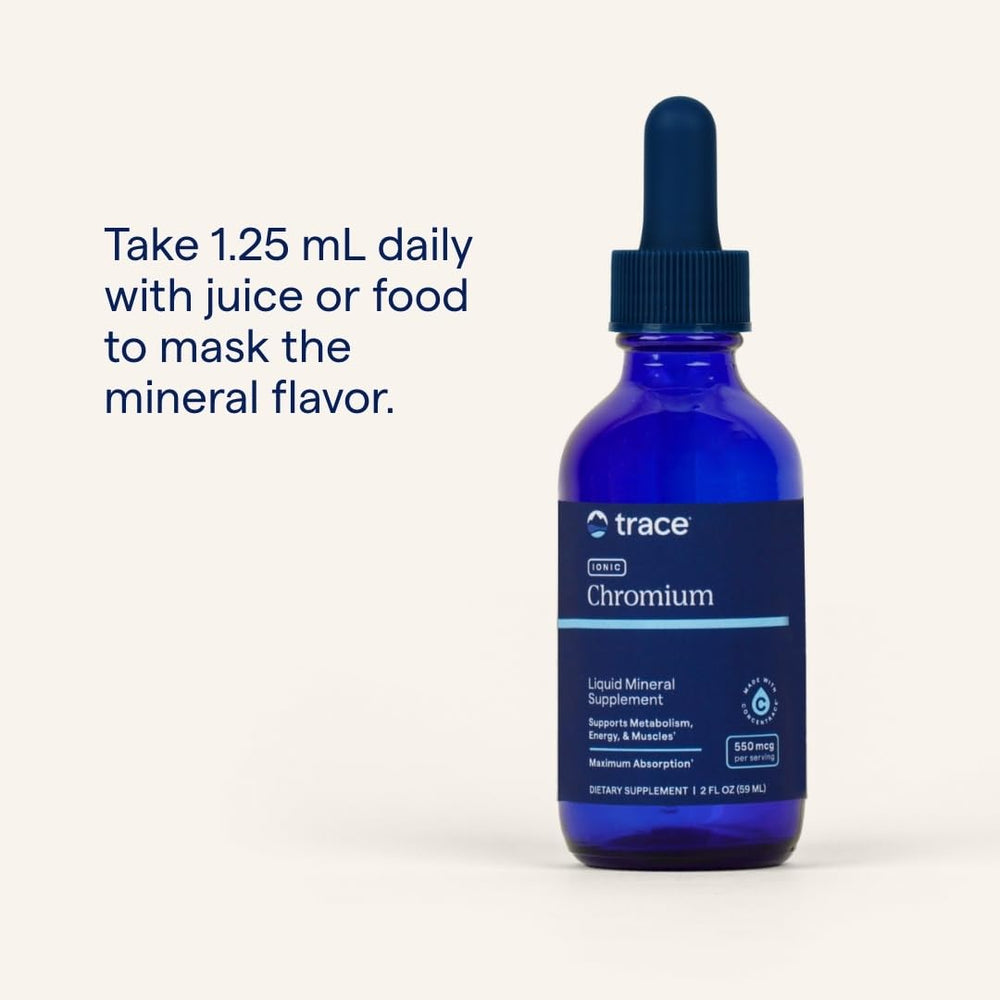 Trace Minerals Ionic Chromium drops dropper in hand for easy dosing.