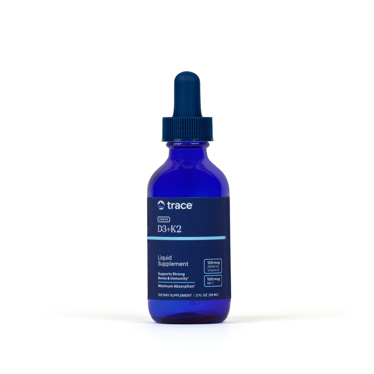 Trace Minerals Ionic D3+K2 bottle with dropper for daily calcium absorption.