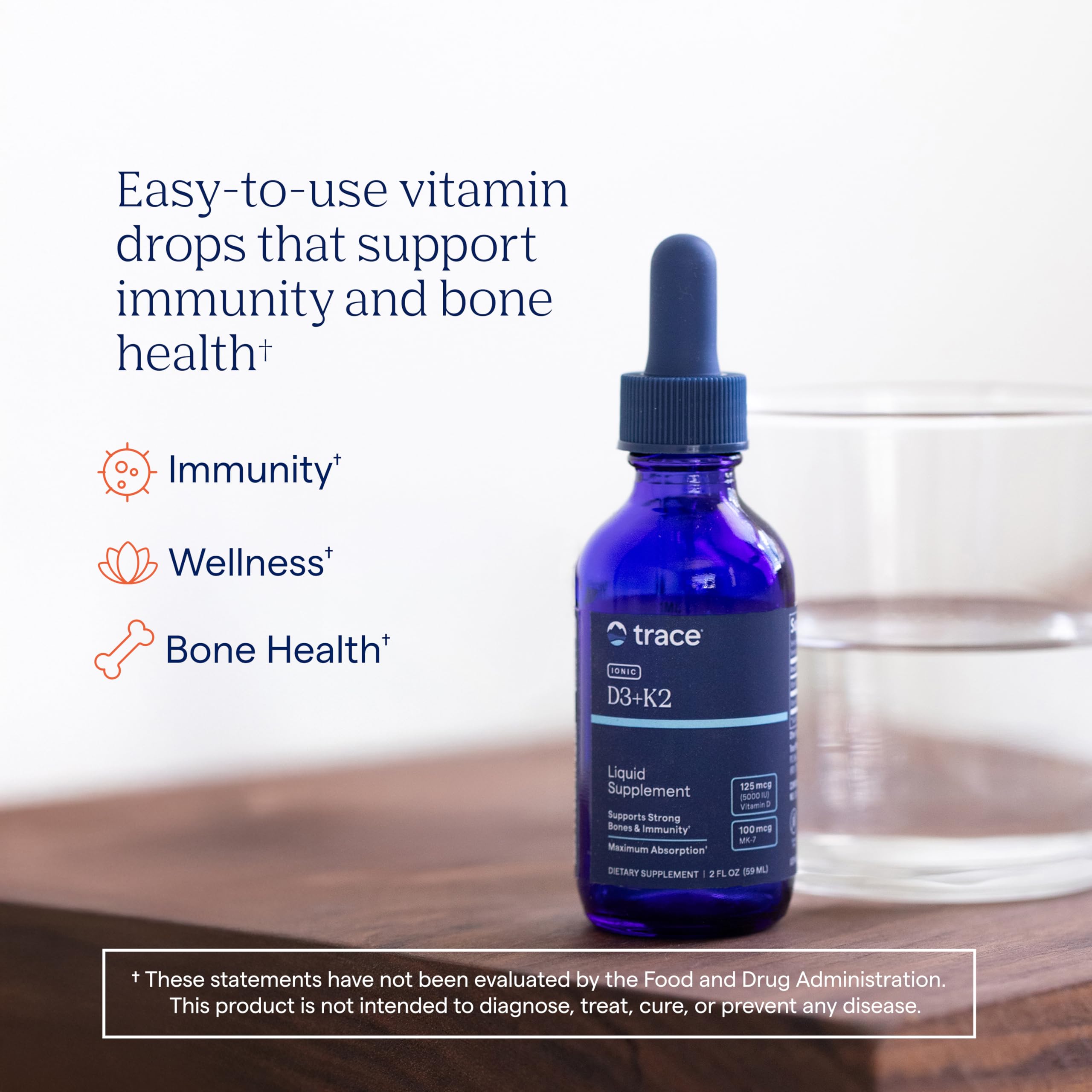 Trace Minerals Ionic D3+K2 label highlights D3 and K2 for calcium utilization.