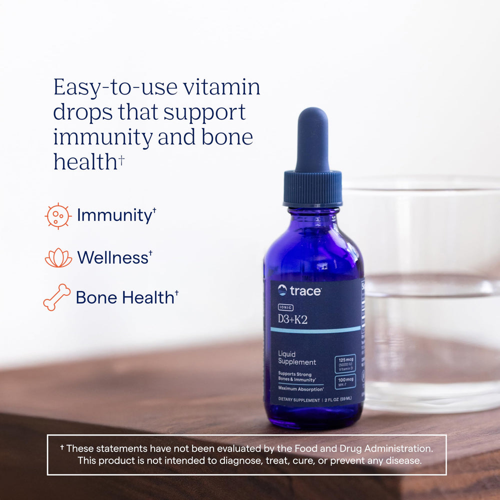 Trace Minerals Ionic D3+K2 label highlights D3 and K2 for calcium utilization.