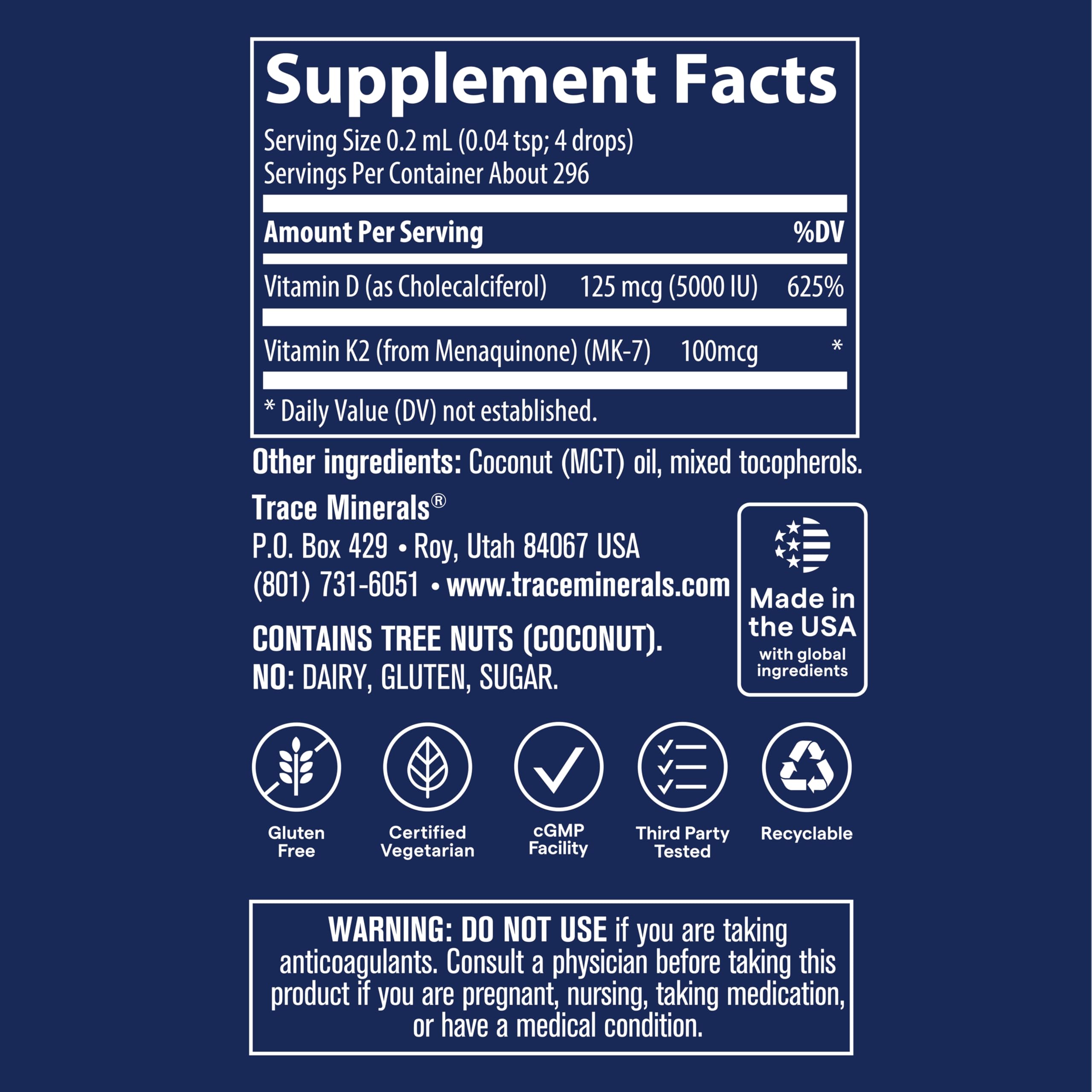 Trace Minerals Ionic D3+K2 health icons accompanying the bottle for overall wellness.