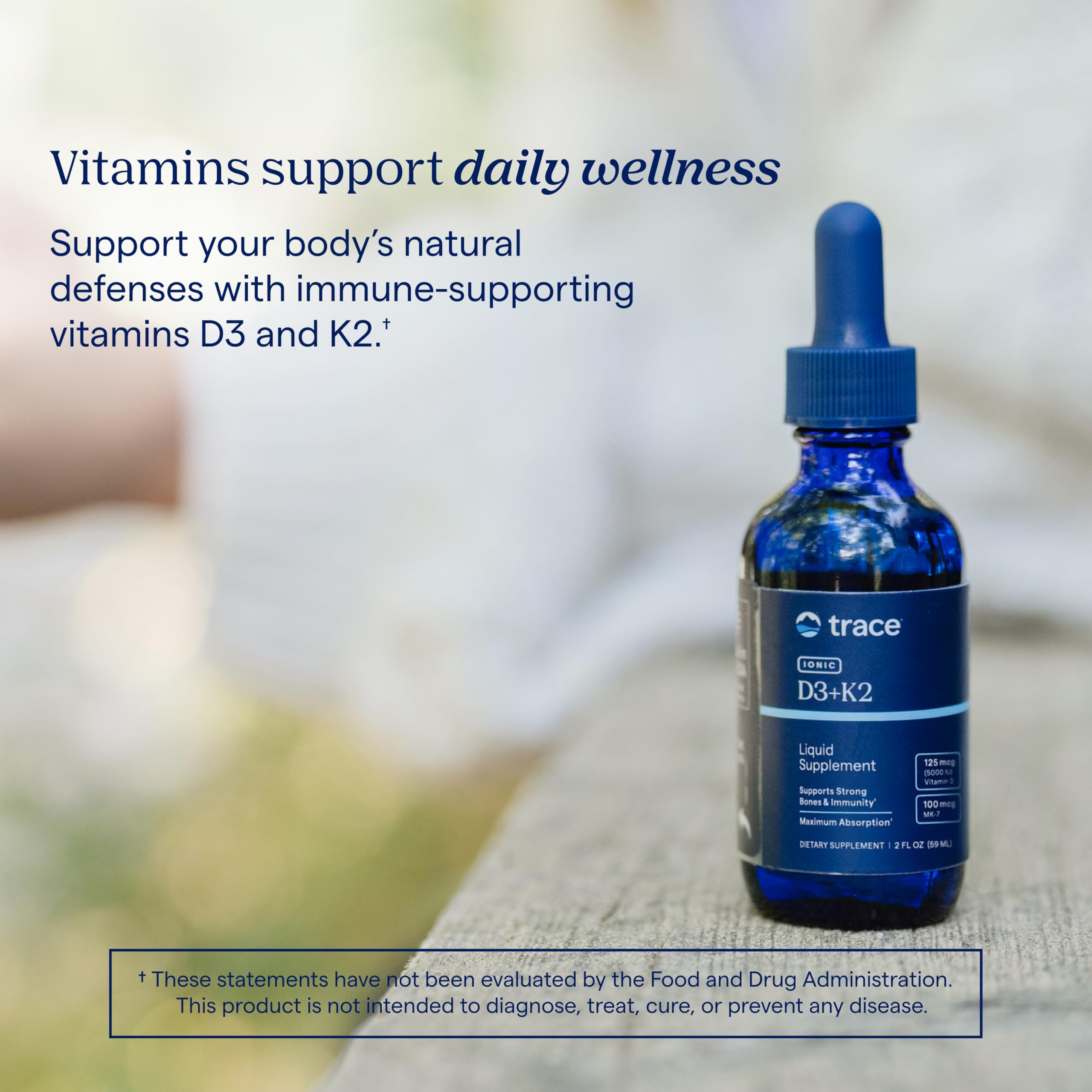 Trace Minerals Ionic D3+K2 on a kitchen counter ready for daily use.