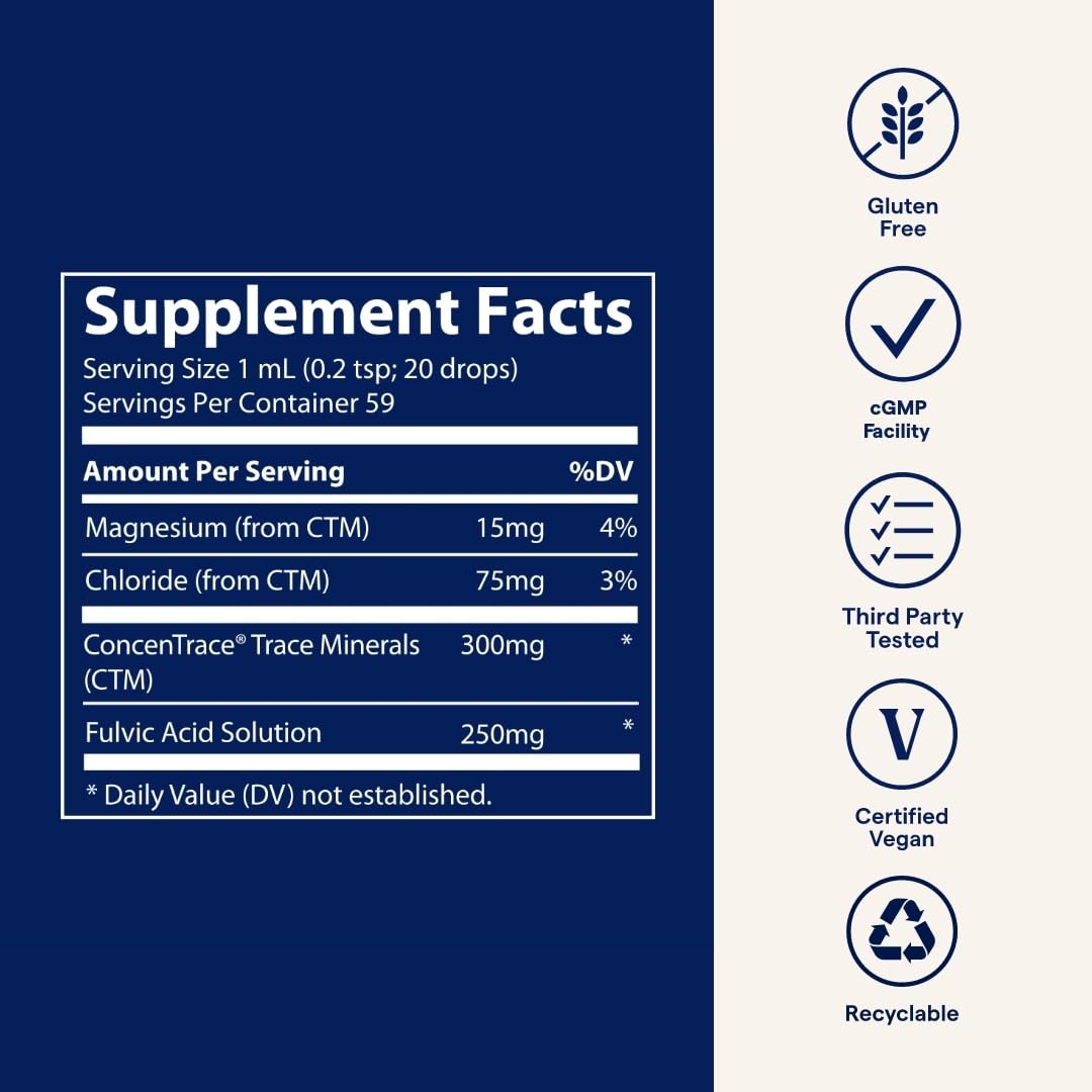 Packaging label highlights Trace Minerals quality and history.