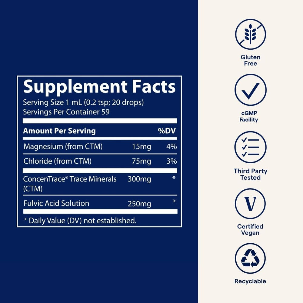 Packaging label highlights Trace Minerals quality and history.