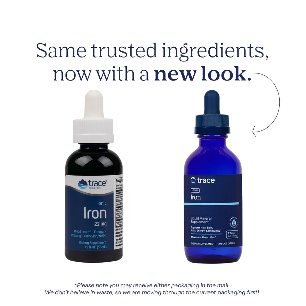 Trace Minerals Ionic Iron bottle with full-stomach intake guidance