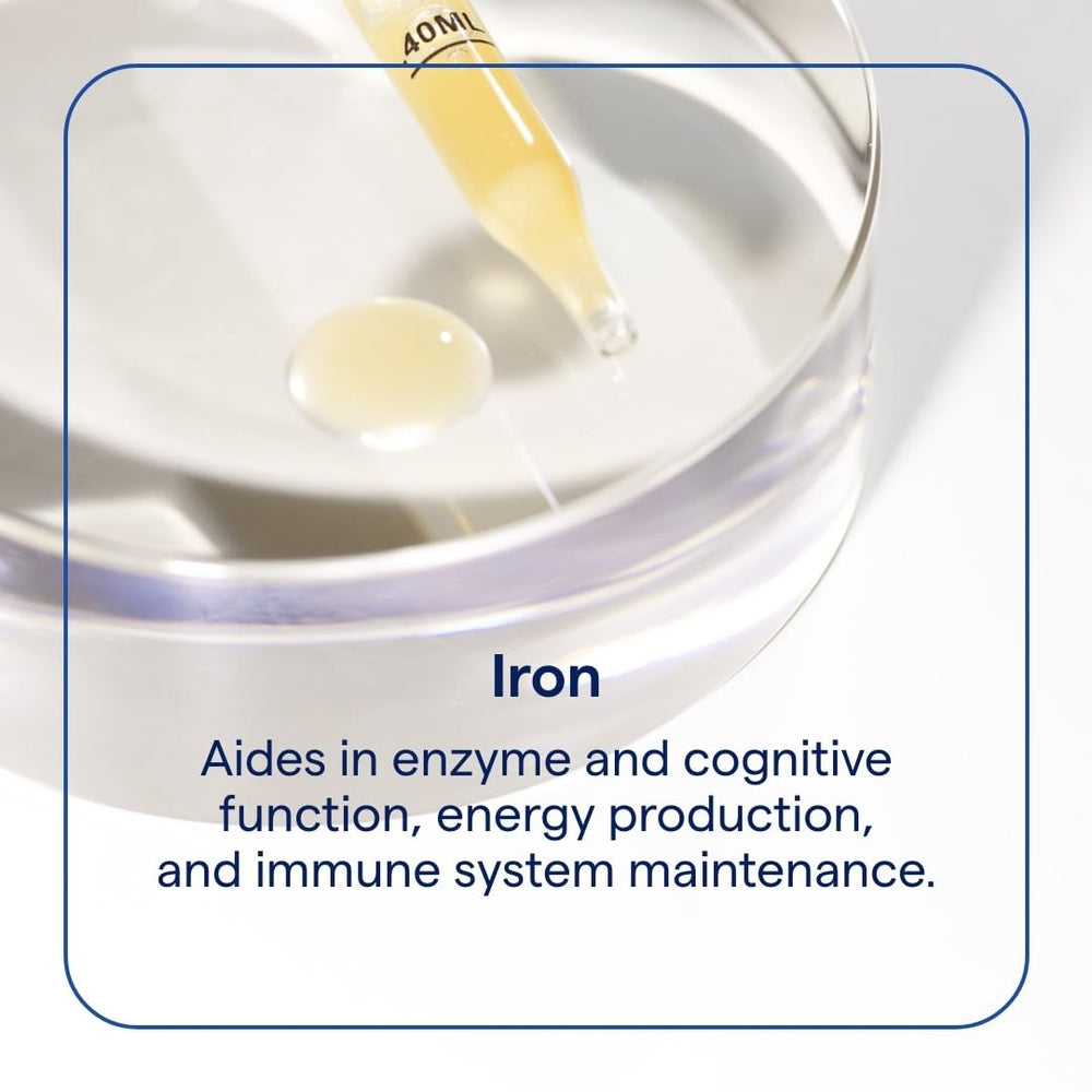 Trace Minerals Ionic Iron drops poured into juice, easy daily use.