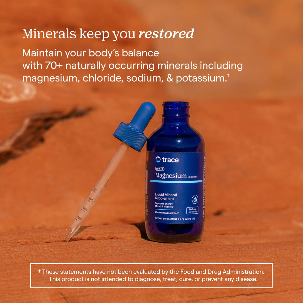Trace Minerals Ionic Magnesium 30-serving bottle emphasizing long-lasting daily convenience