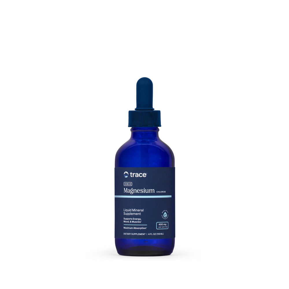Trace Minerals Ionic Magnesium bottle pour showing a simple daily dose for energy support