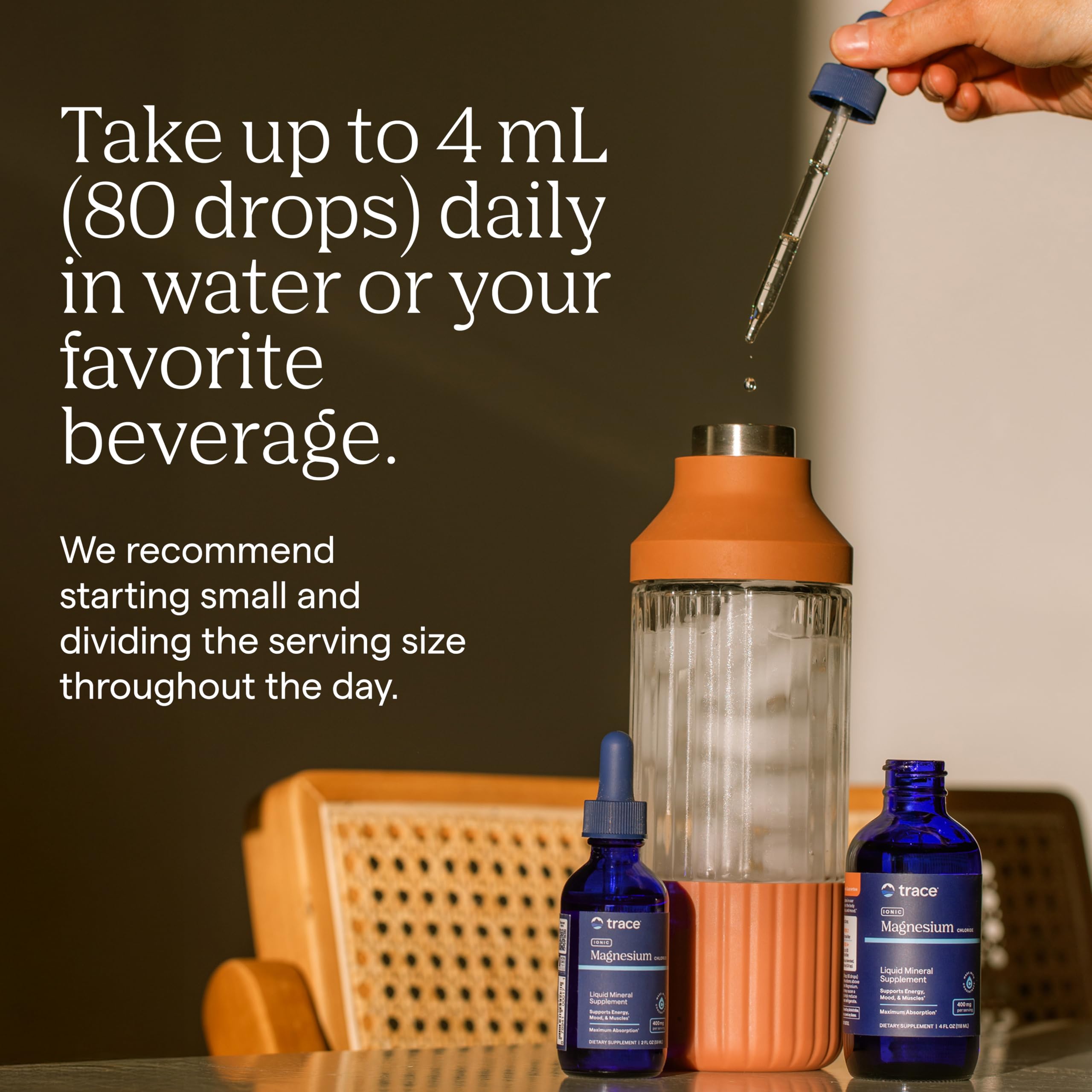 Trace Minerals Ionic Magnesium alongside a glass of water for easy mixing and daily intake