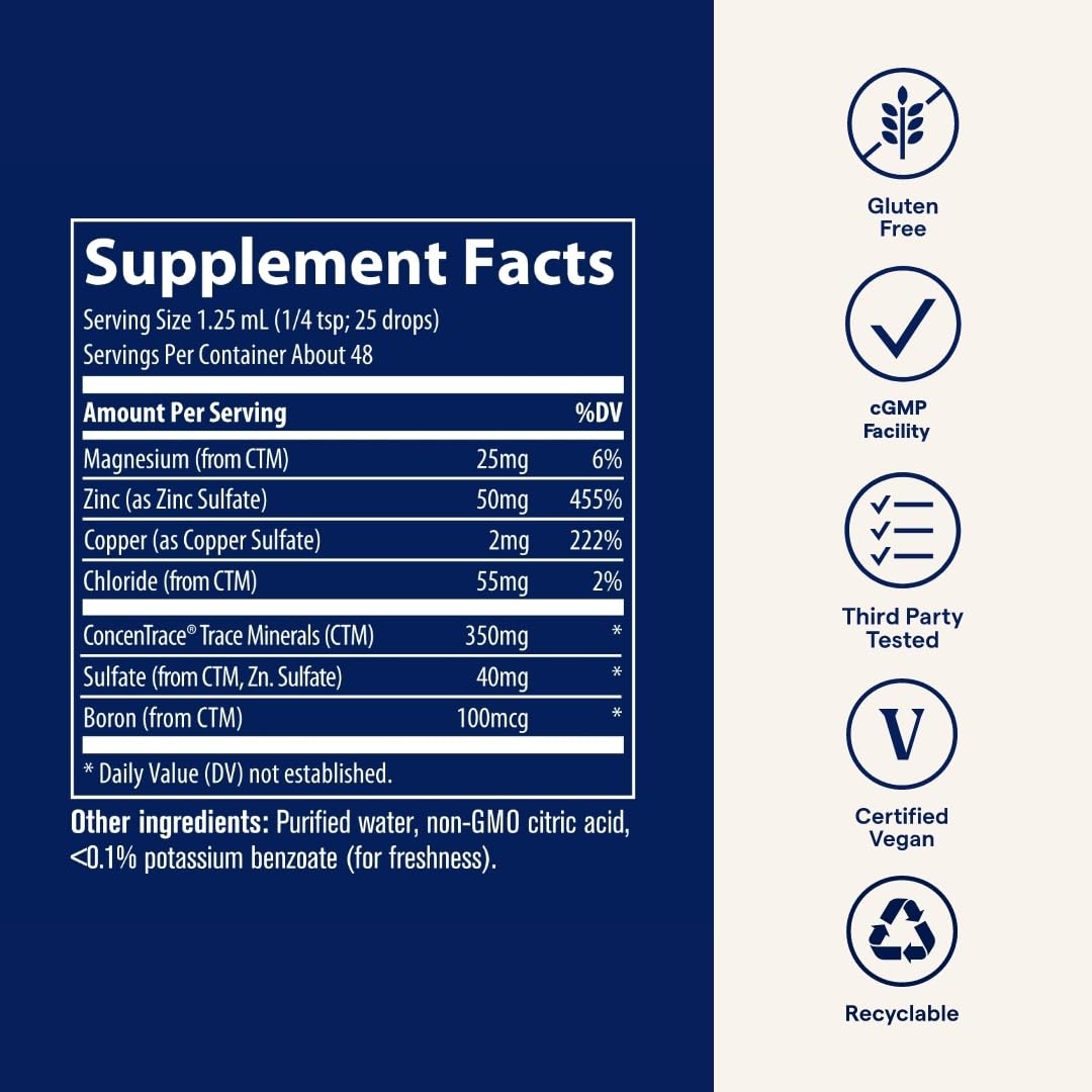 Trace Minerals Ionic Zinc drops mixing in a glass of water for daily routine.
