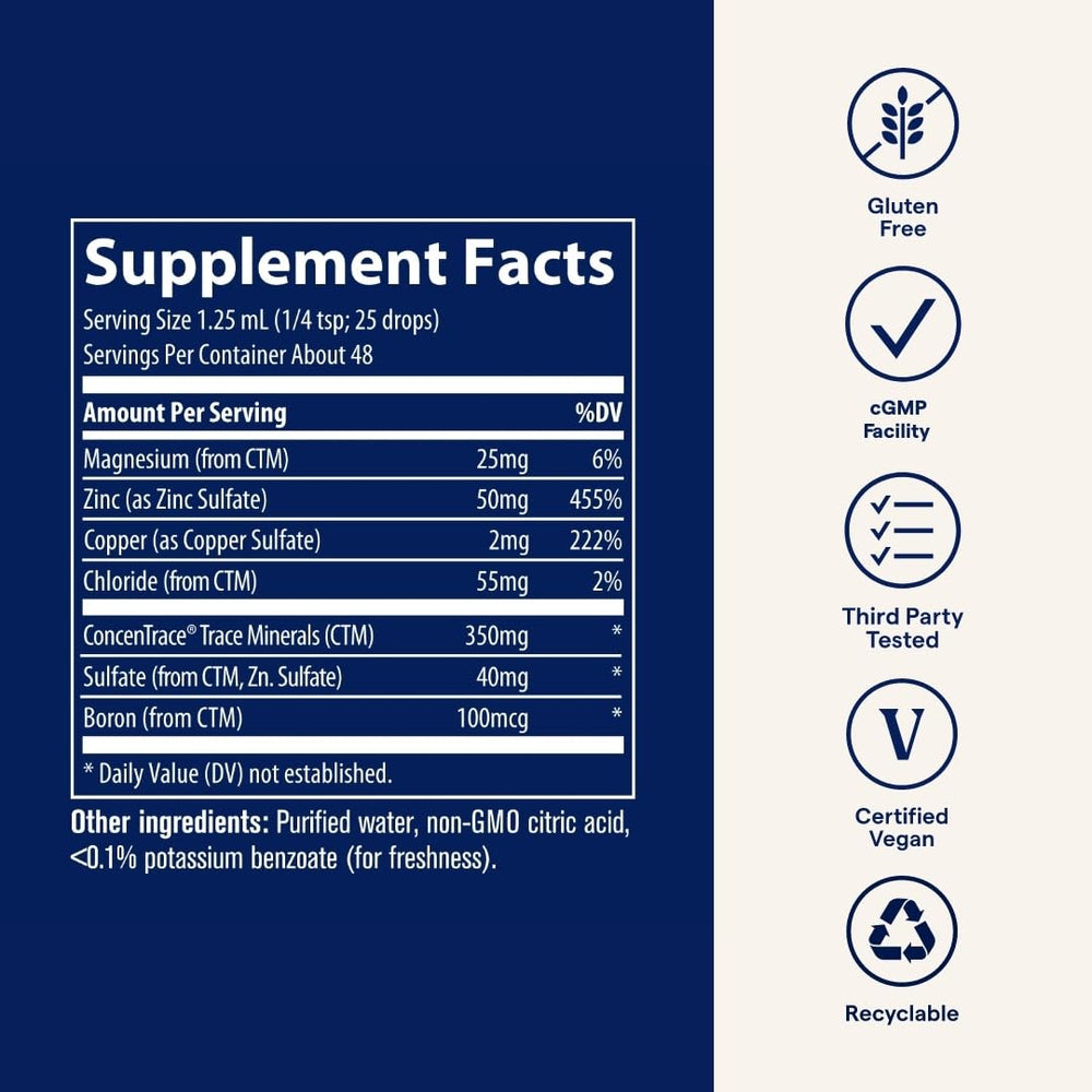 Trace Minerals Ionic Zinc drops mixing in a glass of water for daily routine.