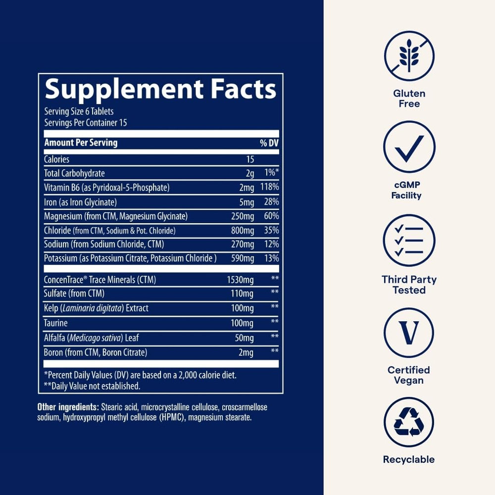 Trace Minerals Keto Electrolyte Tablets bottle emphasizes sustainable, USA-sourced remineralization.
