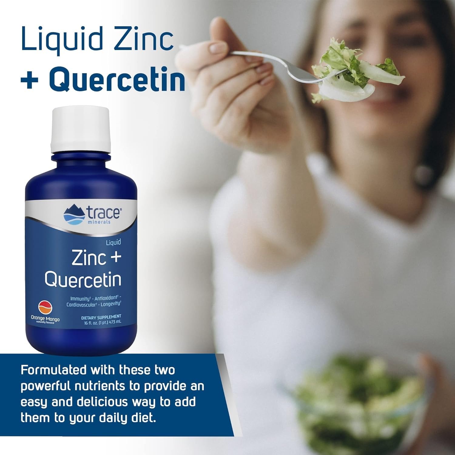 Trace Minerals Liquid Zinc Plus Quercetin amber bottle ready for versatile at home use.