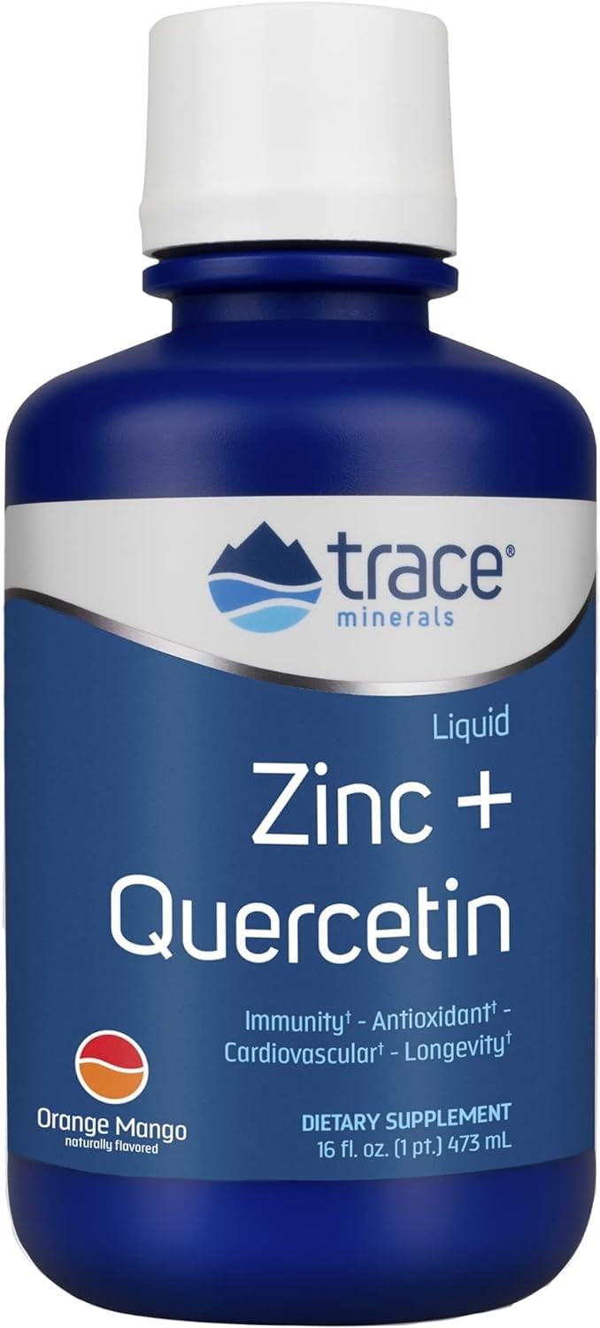 Trace Minerals Liquid Zinc Plus Quercetin orange mango bottle for easy daily immune support.
