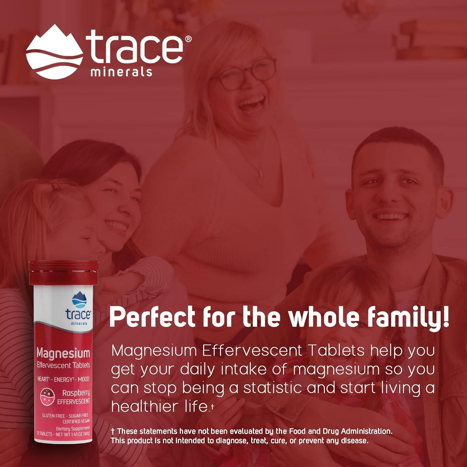 Trace Minerals magnesium effervescent packaging on a shelf for gluten-free health support.