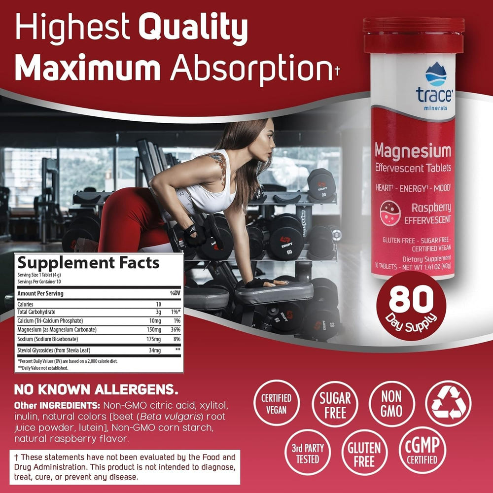 Glass of water with Trace Minerals magnesium effervescent tablet dissolving in a refreshing sip.