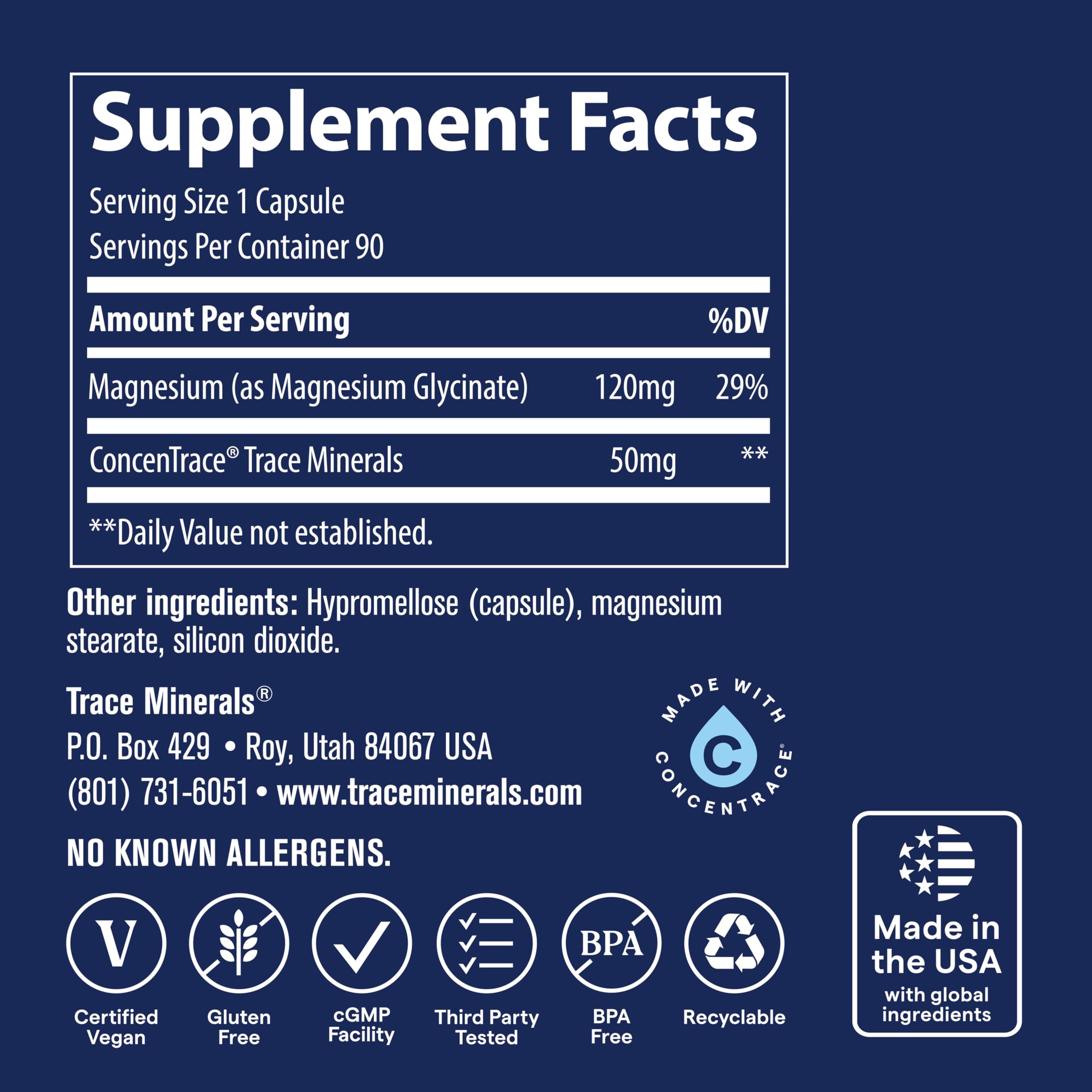 Daily dosage capsule of Trace Minerals magnesium glycinate for easy use.