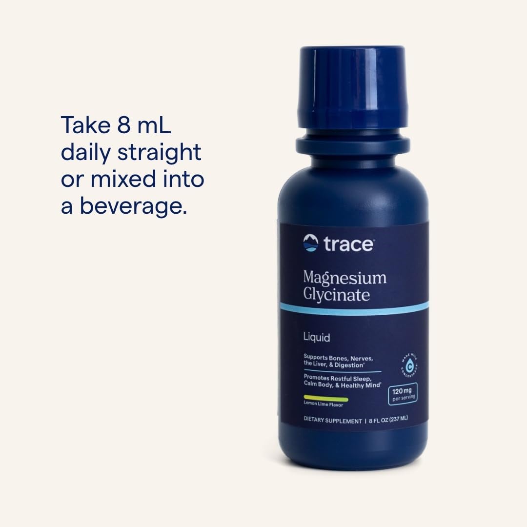 Trace Minerals Magnesium Glycinate label shows Lemon Lime flavor and 8 oz bottle.