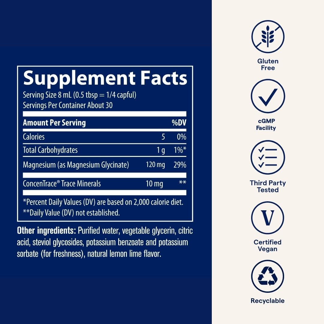 Serving spoon with Trace Minerals Magnesium Glycinate indicates half-tablespoon dosing for bedtime routine.