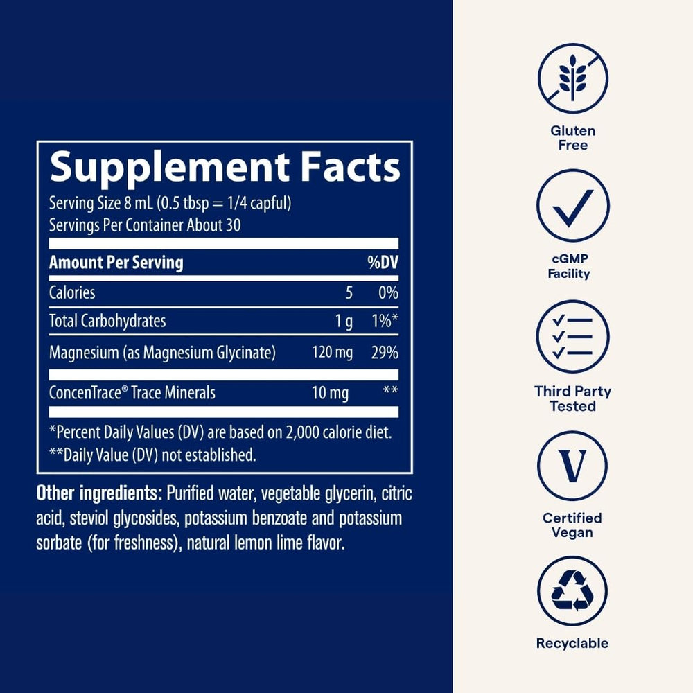 Serving spoon with Trace Minerals Magnesium Glycinate indicates half-tablespoon dosing for bedtime routine.