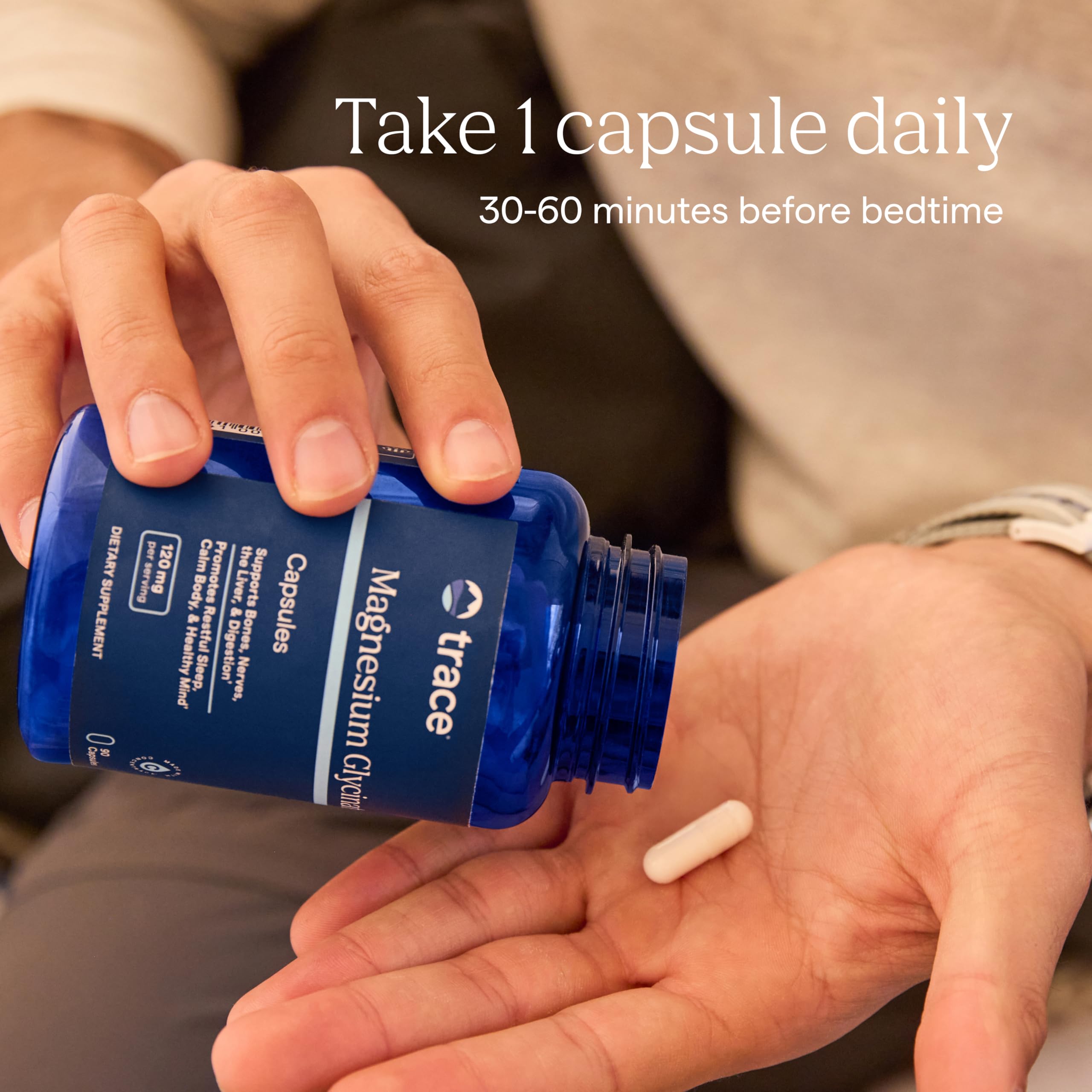 Nighttime setup with Trace Minerals bottle beside a glass for rest.