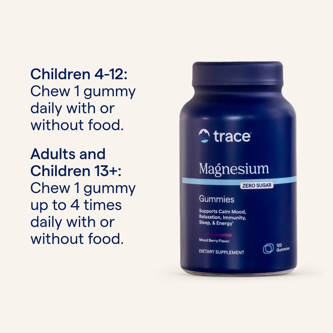 Trace Minerals Magnesium Gummies kid dosage illustration for ages 4–12.